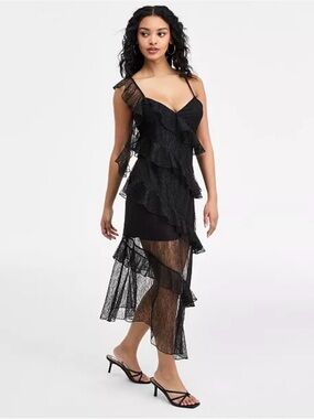 Bar III | Black Ruffle Lace Midi Dress - Women